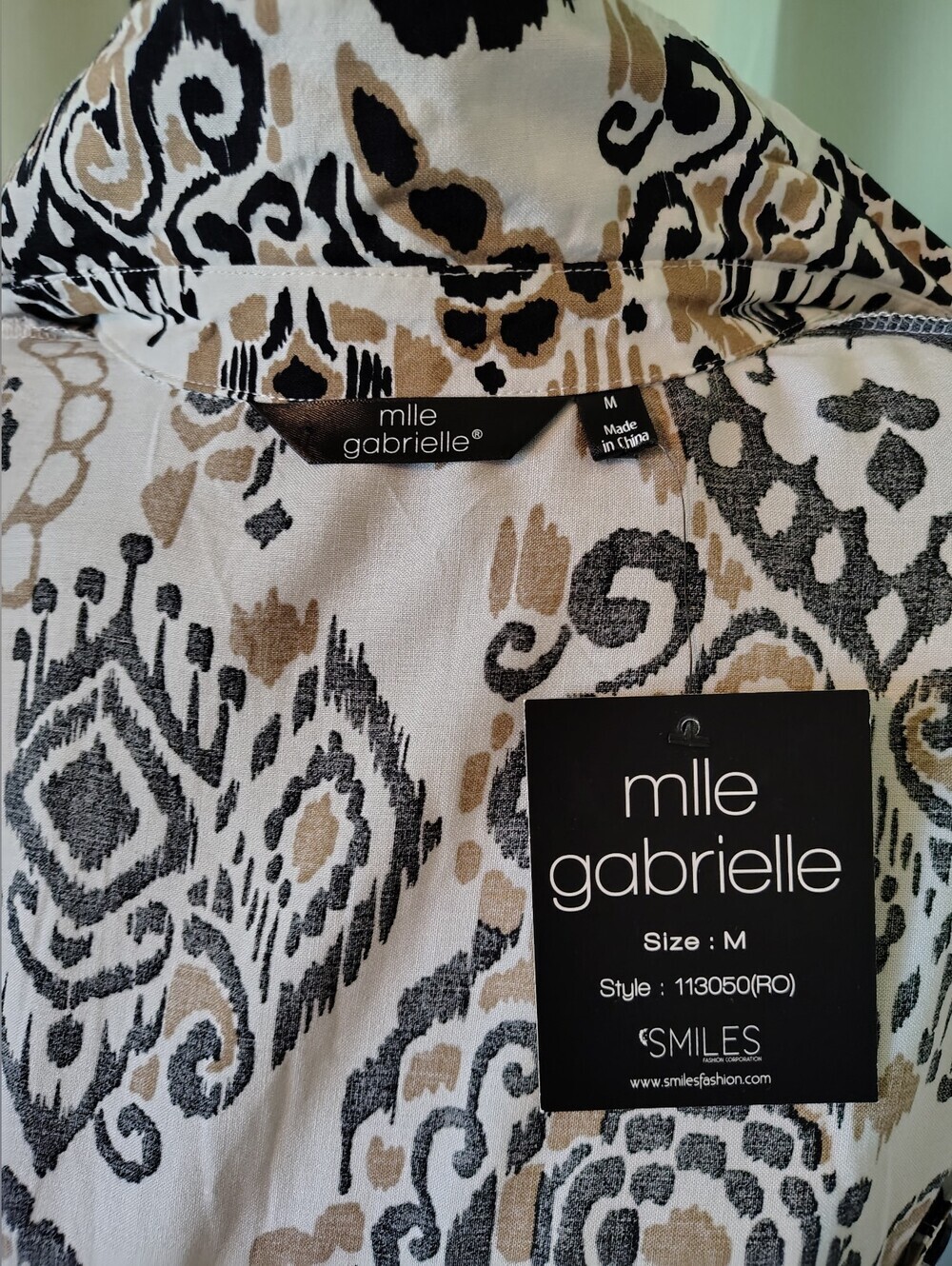 Mlle Gabrielle Black and Beige Printed Tunic Dress Button Up Women Medium NWT - Picture 8 of 10